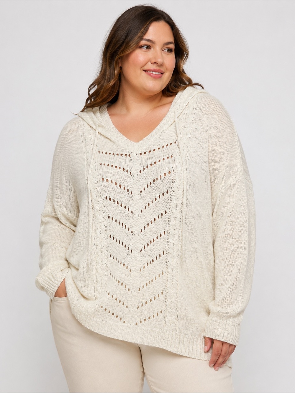 Hooded Sweater Soft Vintage Cream Pointelle Knit Boho Coastal Cottagecore Top 3X